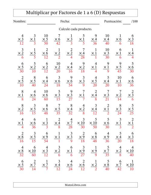 La hoja de ejercicios de Multiplicar (Factores de 1 a 10) por Factores de 1 a 6 (100 Preguntas) (D) Página 2