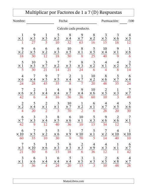 La hoja de ejercicios de Multiplicar (Factores de 1 a 10) por Factores de 1 a 7 (100 Preguntas) (D) Página 2