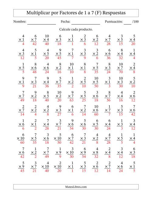 La hoja de ejercicios de Multiplicar (Factores de 1 a 10) por Factores de 1 a 7 (100 Preguntas) (F) Página 2