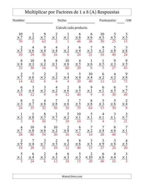 La hoja de ejercicios de Multiplicar (Factores de 1 a 10) por Factores de 1 a 8 (100 Preguntas) (A) Página 2