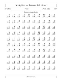 Multiplicar (Factores de 1 a 10) por Factores de 1 a 9 (100 Preguntas)