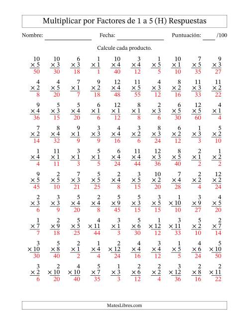La hoja de ejercicios de Multiplicar (Factores de 1 a 12) por Factores de 1 a 5 (100 Preguntas) (H) Página 2