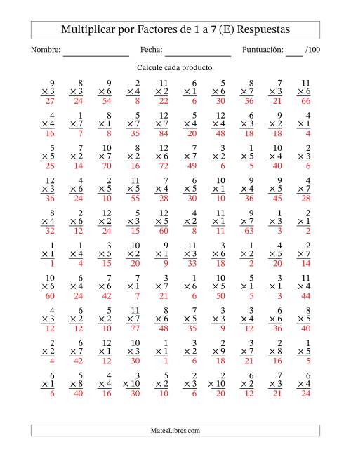 La hoja de ejercicios de Multiplicar (Factores de 1 a 12) por Factores de 1 a 7 (100 Preguntas) (E) Página 2