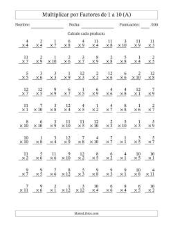 Multiplicar (Factores de 1 a 12) por Factores de 1 a 10 (100 Preguntas)