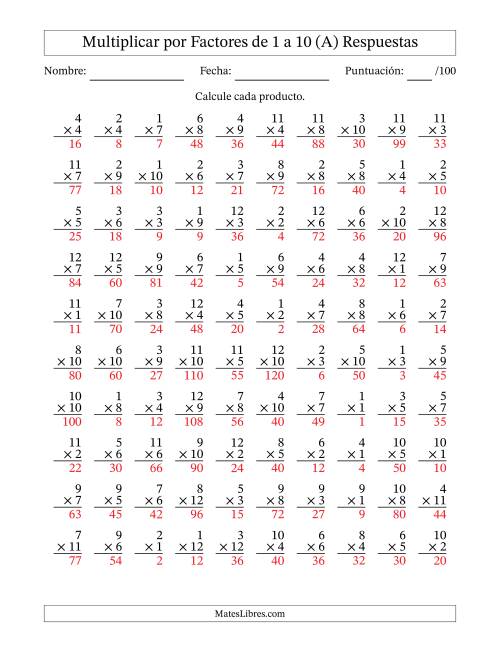 La hoja de ejercicios de Multiplicar (Factores de 1 a 12) por Factores de 1 a 10 (100 Preguntas) (A) Página 2