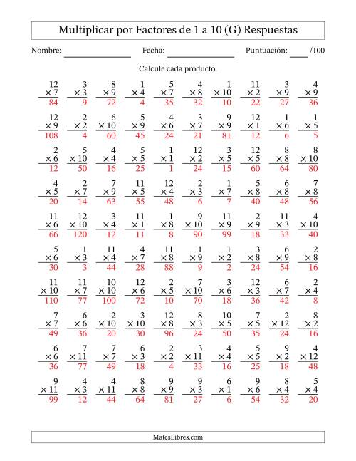 La hoja de ejercicios de Multiplicar (Factores de 1 a 12) por Factores de 1 a 10 (100 Preguntas) (G) Página 2