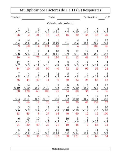 La hoja de ejercicios de Multiplicar (Factores de 1 a 12) por Factores de 1 a 11 (100 Preguntas) (G) Página 2