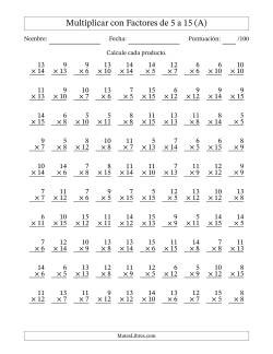 Multiplicación con Factores de 5 a 15 (100 Preguntas)