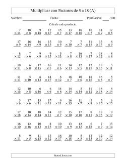 Multiplicación con Factores de 5 a 18 (100 Preguntas)