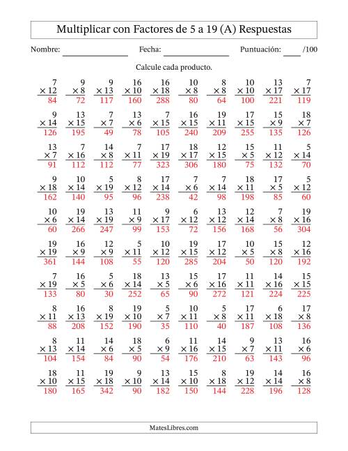 La hoja de ejercicios de Multiplicación con Factores de 5 a 19 (100 Preguntas) (A) Página 2