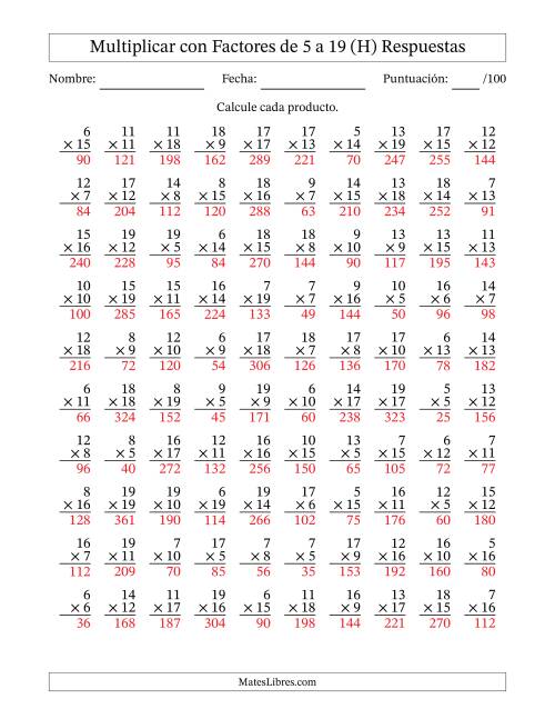 La hoja de ejercicios de Multiplicación con Factores de 5 a 19 (100 Preguntas) (H) Página 2