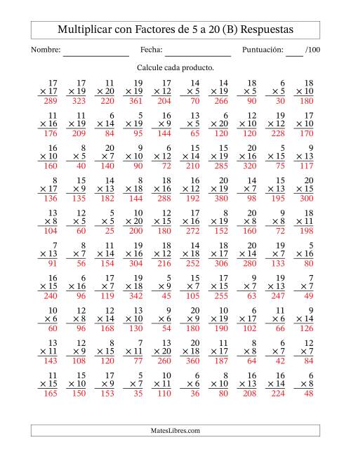 La hoja de ejercicios de Multiplicación con Factores de 5 a 20 (100 Preguntas) (B) Página 2