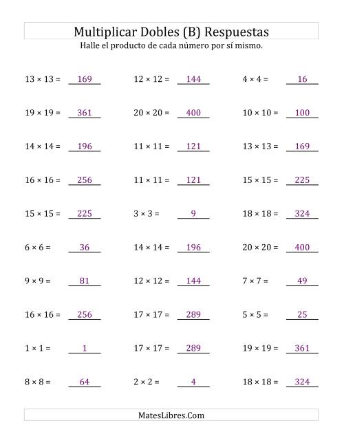 La hoja de ejercicios de Multiplicar Dobles (Cuadrados) (B) Página 2