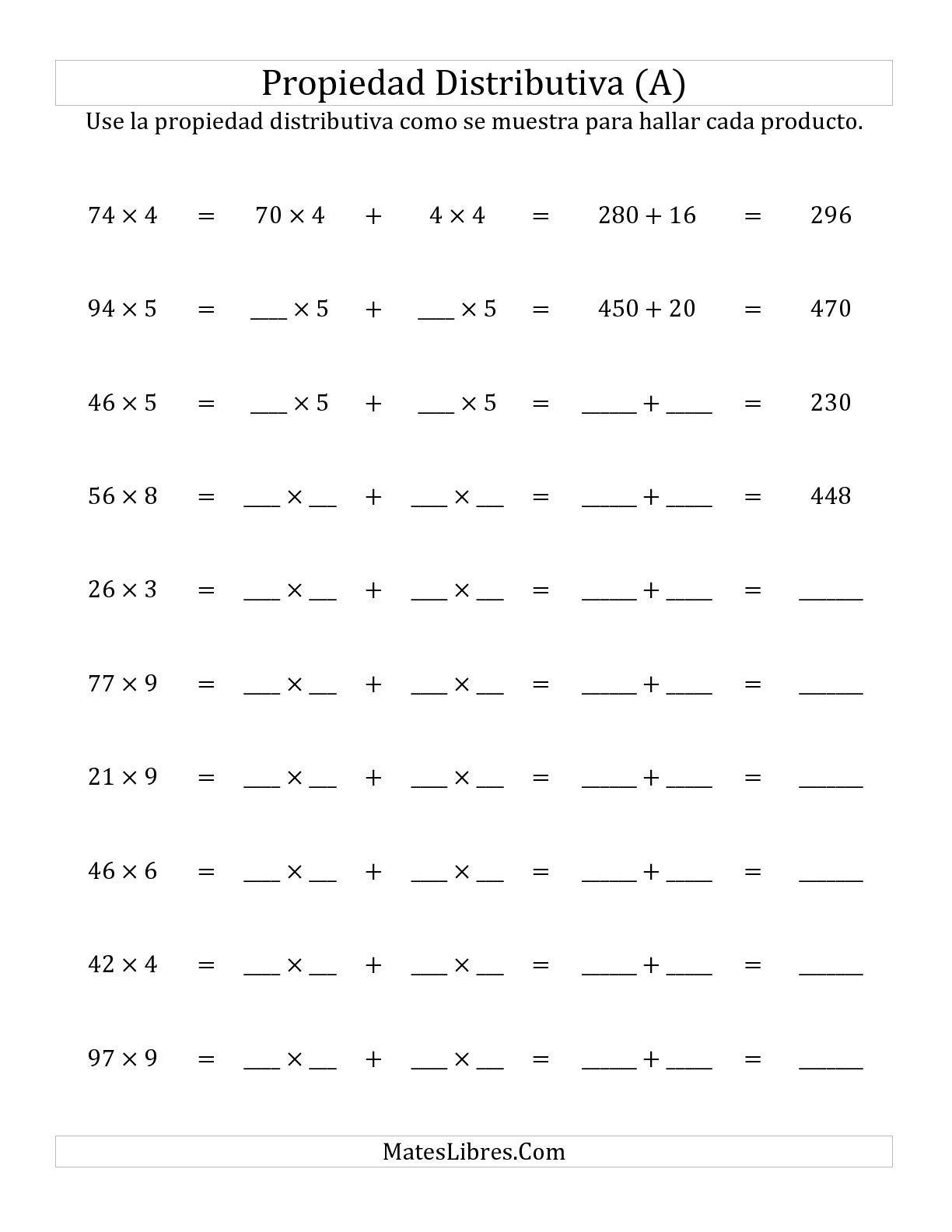 Propiedad Distributiva, Producto de Dos Dígitos por Un Dígito (A) Hoja