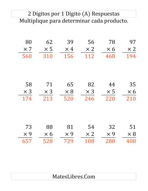La hoja de ejercicios de Multiplicación Larga, Producto de Dos Dígitos por Un Dígito (Grande) Página 2