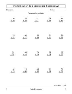 Multiplicar Números de 2 Dígitos por 2 Dígitos Usando Puntos como Separadores de Millares