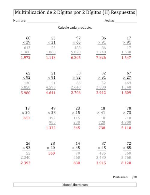 La hoja de ejercicios de Multiplicar Números de 2 Dígitos por 2 Dígitos Usando Puntos como Separadores de Millares (H) Página 2