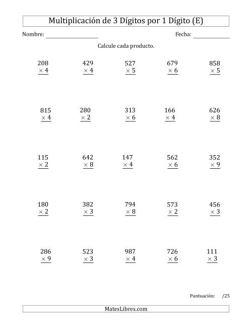 La hoja de ejercicios de Multiplicar Números de 3 Dígitos por 1 Dígito Usando Puntos como Separadores de Millares (E)