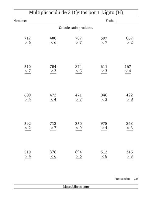 La hoja de ejercicios de Multiplicar Números de 3 Dígitos por 1 Dígito Usando Puntos como Separadores de Millares (H)