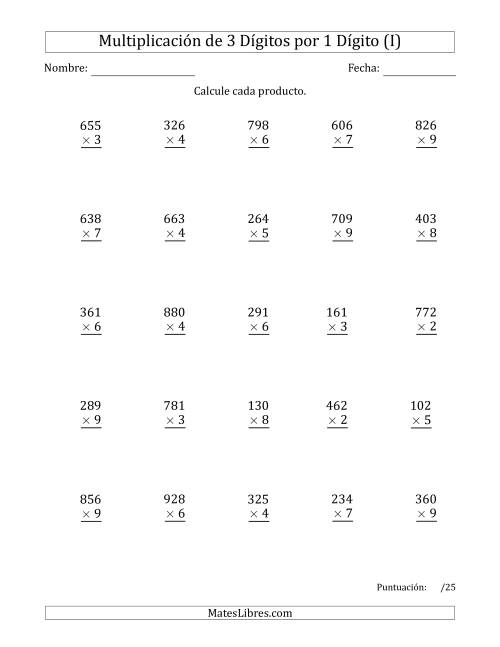 La hoja de ejercicios de Multiplicar Números de 3 Dígitos por 1 Dígito Usando Puntos como Separadores de Millares (I)