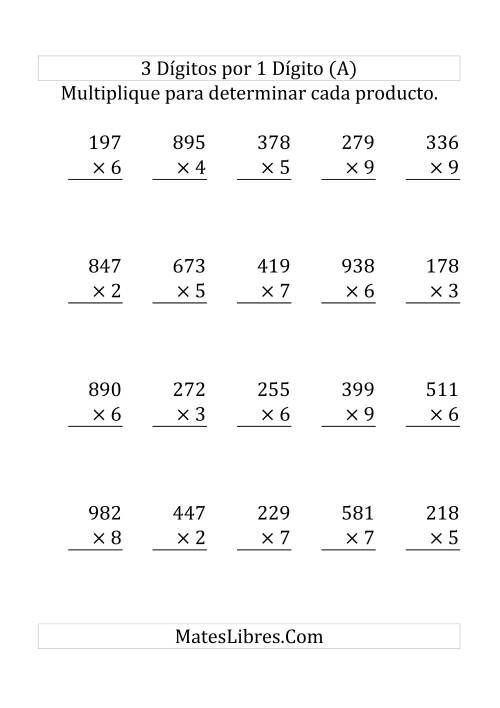 La hoja de ejercicios de Multiplicación Larga, Producto de Tres Dígitos por Un Dígito (Grande)