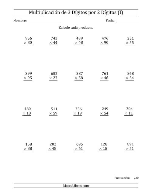 La hoja de ejercicios de Multiplicar Números de 3 Dígitos por 2 Dígitos Usando Puntos como Separadores de Millares (I)