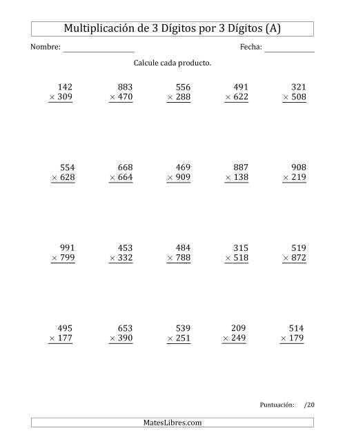 La hoja de ejercicios de Multiplicar Números de 3 Dígitos por 3 Dígitos Usando Comas como Separadores de Millares (A)