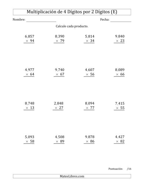 La hoja de ejercicios de Multiplicar Números de 4 Dígitos por 2 Dígitos Usando Comas como Separadores de Millares (E)