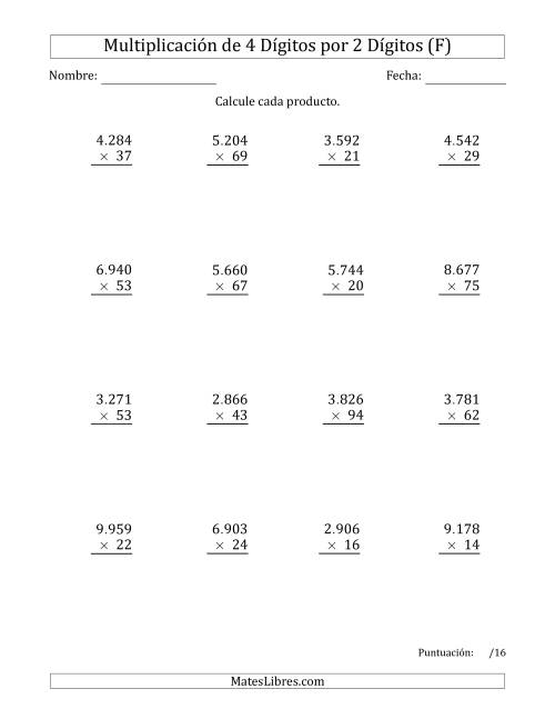 La hoja de ejercicios de Multiplicar Números de 4 Dígitos por 2 Dígitos Usando Puntos como Separadores de Millares (F)