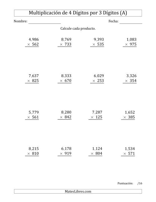 La hoja de ejercicios de Multiplicar Números de 4 Dígitos por 3 Dígitos Usando Comas como Separadores de Millares (A)
