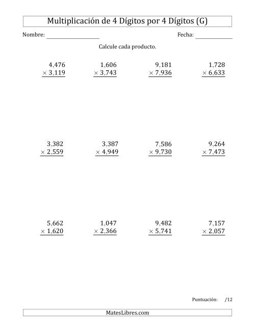 La hoja de ejercicios de Multiplicar Números de 4 Dígitos por 4 Dígitos Usando Comas como Separadores de Millares (G)