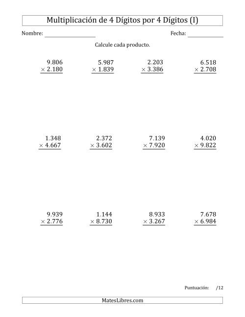 La hoja de ejercicios de Multiplicar Números de 4 Dígitos por 4 Dígitos Usando Puntos como Separadores de Millares (I)