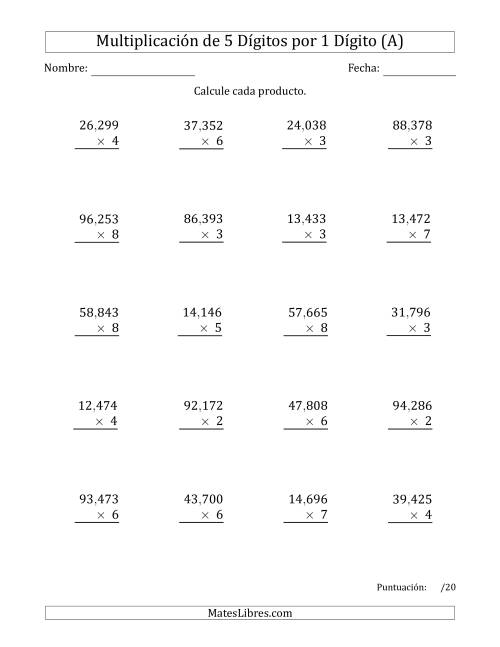 La hoja de ejercicios de Multiplicar Números de 5 Dígitos por 1 Dígito Usando Comas como Separadores de Millares (A)
