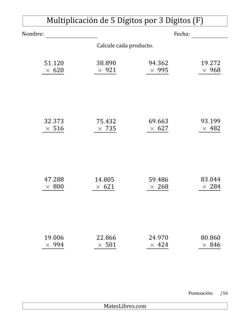 La hoja de ejercicios de Multiplicar Números de 5 Dígitos por 3 Dígitos Usando Puntos como Separadores de Millares (F)