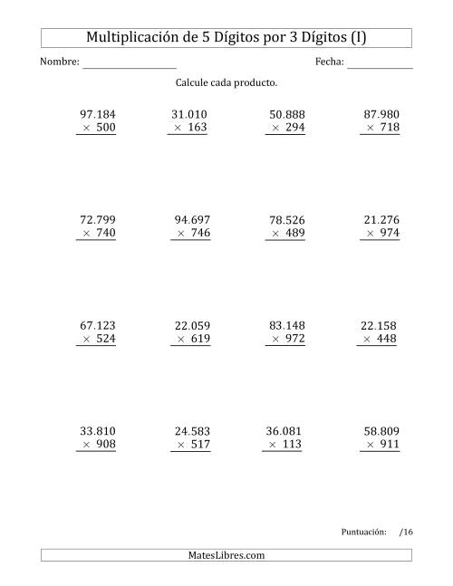 La hoja de ejercicios de Multiplicar Números de 5 Dígitos por 3 Dígitos Usando Puntos como Separadores de Millares (I)