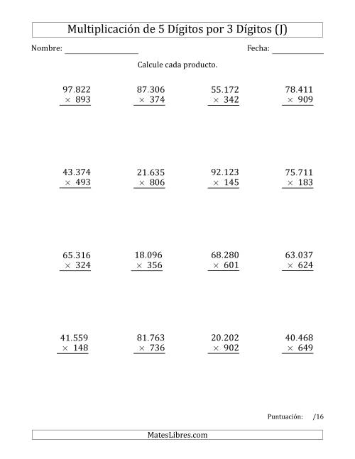La hoja de ejercicios de Multiplicar Números de 5 Dígitos por 3 Dígitos Usando Puntos como Separadores de Millares (J)