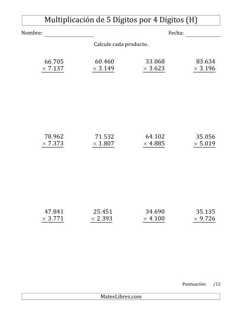 La hoja de ejercicios de Multiplicar Números de 5 Dígitos por 4 Dígitos Usando Puntos como Separadores de Millares (H)