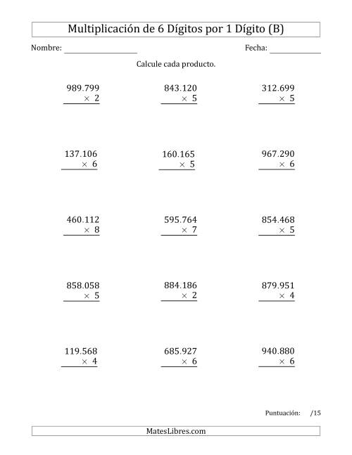 La hoja de ejercicios de Multiplicar Números de 6 Dígitos por 1 Dígito Usando Puntos como Separadores de Millares (B)