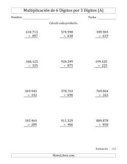 Multiplicar Números de 6 Dígitos por 3 Dígitos Usando Comas como Separadores de Millares