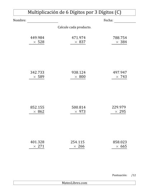 La hoja de ejercicios de Multiplicar Números de 6 Dígitos por 3 Dígitos Usando Puntos como Separadores de Millares (C)