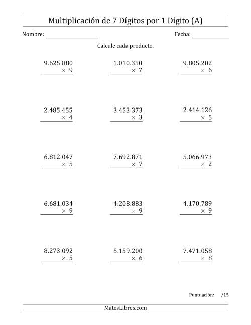 La hoja de ejercicios de Multiplicar Números de 7 Dígitos por 1 Dígito Usando Puntos como Separadores de Millares (A)