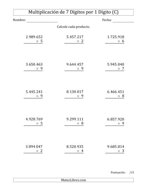 La hoja de ejercicios de Multiplicar Números de 7 Dígitos por 1 Dígito Usando Puntos como Separadores de Millares (C)