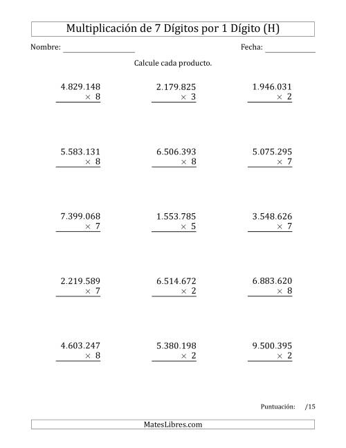 La hoja de ejercicios de Multiplicar Números de 7 Dígitos por 1 Dígito Usando Puntos como Separadores de Millares (H)