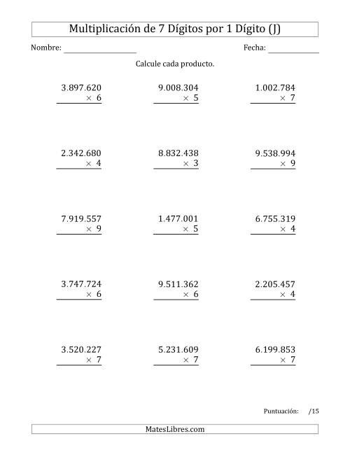 La hoja de ejercicios de Multiplicar Números de 7 Dígitos por 1 Dígito Usando Puntos como Separadores de Millares (J)
