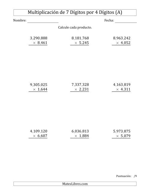La hoja de ejercicios de Multiplicar Números de 7 Dígitos por 4 Dígitos Usando Comas como Separadores de Millares (A)