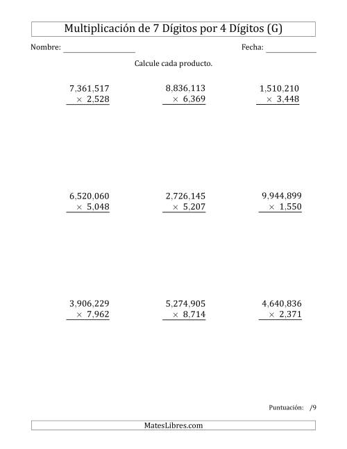 La hoja de ejercicios de Multiplicar Números de 7 Dígitos por 4 Dígitos Usando Comas como Separadores de Millares (G)