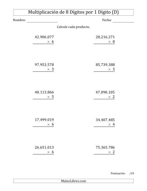 La hoja de ejercicios de Multiplicar Números de 8 Dígitos por 1 Dígito Usando Comas como Separadores de Millares (D)
