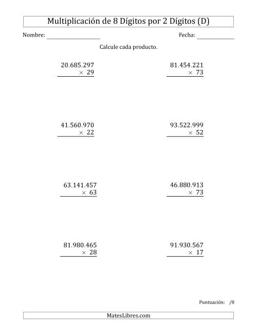 La hoja de ejercicios de Multiplicar Números de 8 Dígitos por 2 Dígitos Usando Puntos como Separadores de Millares (D)