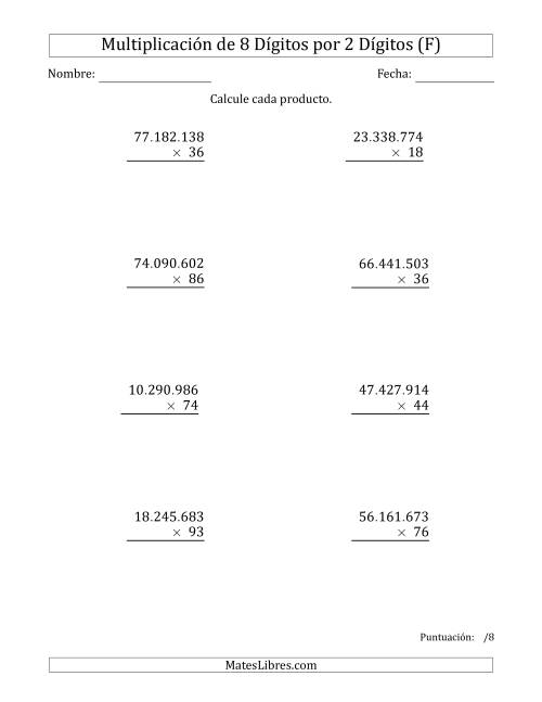 La hoja de ejercicios de Multiplicar Números de 8 Dígitos por 2 Dígitos Usando Puntos como Separadores de Millares (F)