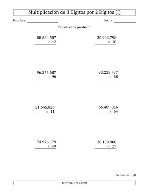La hoja de ejercicios de Multiplicar Números de 8 Dígitos por 2 Dígitos Usando Puntos como Separadores de Millares (I)